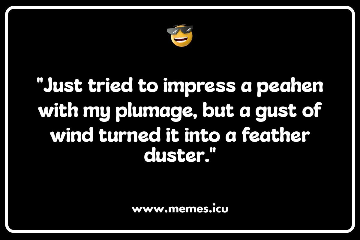 Peacocking Gone Wrong: Funny Memes About Showing Off Funny peacock memes showing a peacock strutting comically. Find more peacock jokes and hilarious memes inside!